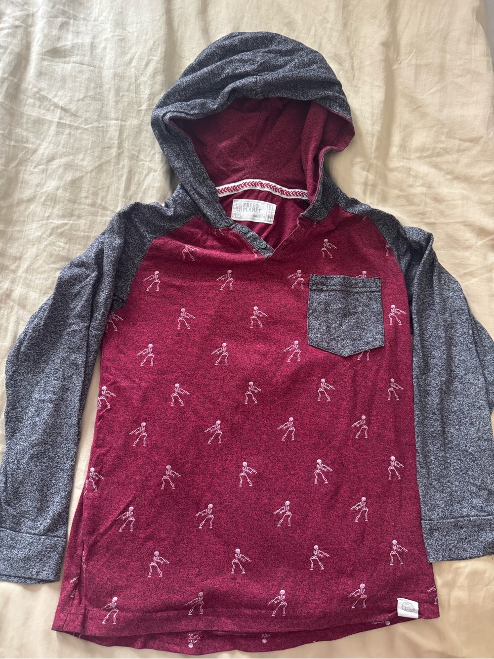 Free Planet Burgundy Hoodie Tee with Heather Gray Sleeves